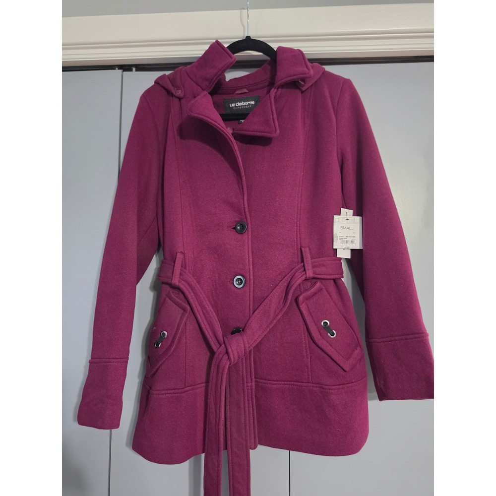 Liz Claiborne Coat Women Small Crushed Violet NWT Removable Hood Belt 186929-JP
